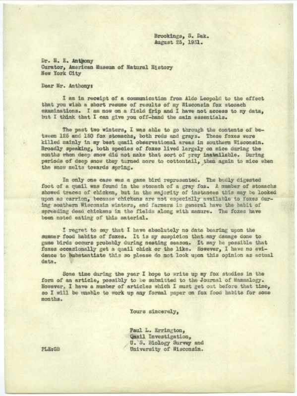 Paul L. Errington letter, August 25, 1931