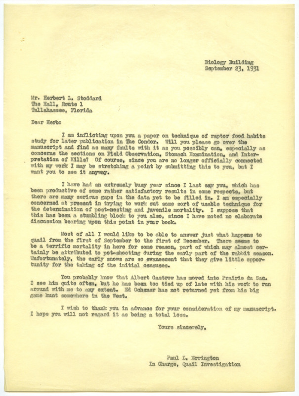Paul L. Errington letter, September 23, 1931