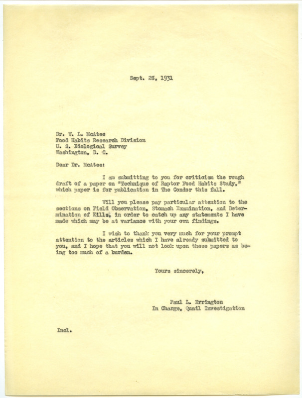 Paul L. Errington letter, September 28, 1931