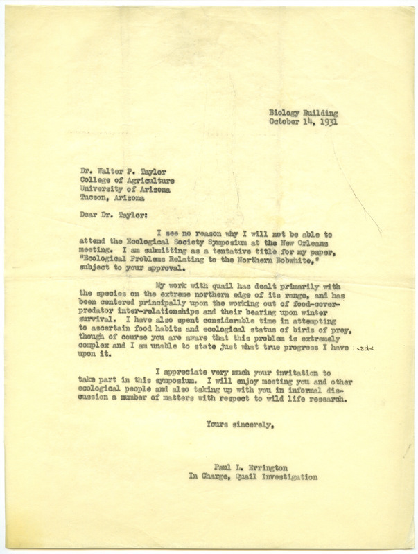Paul L. Errington letter, October 14, 1931