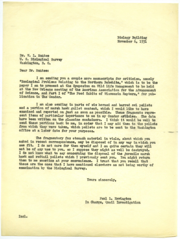 Paul L. Errington letter, November 6, 1931