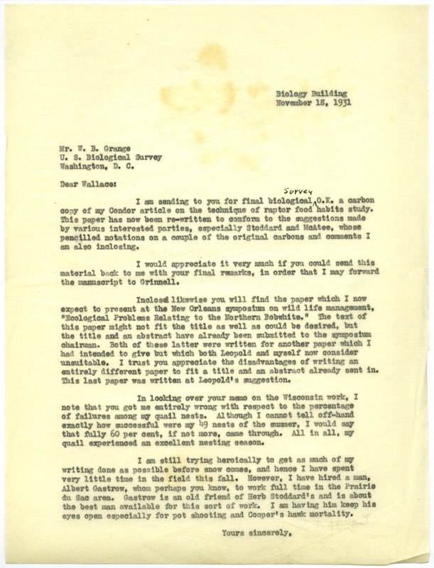 Paul L. Errington letter 1, November 18, 1931