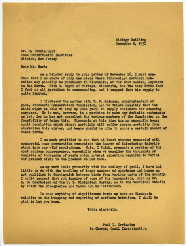 Paul L. Errington letter, December 8, 1931