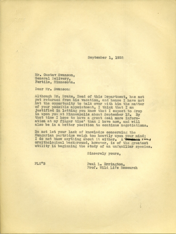 Paul L. Errington letter 1, September 1, 1932