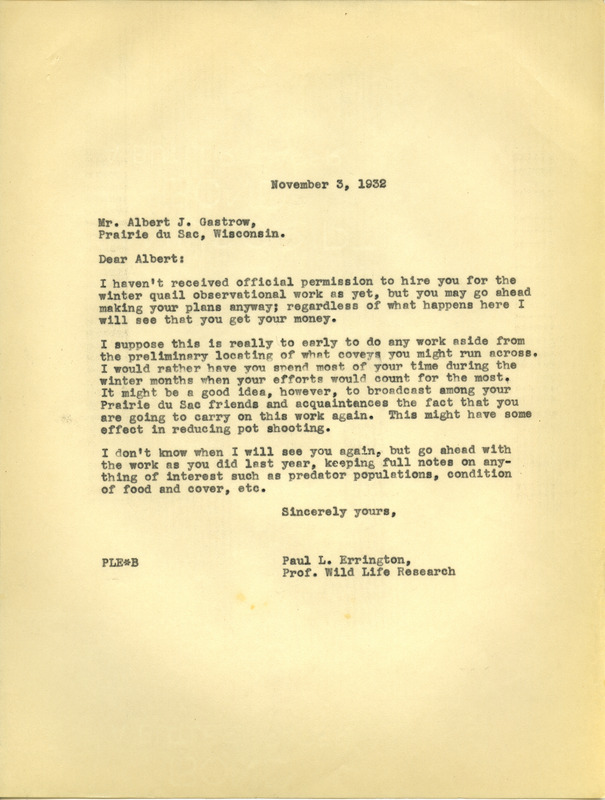 Paul L. Errington letter 1, November 3, 1932