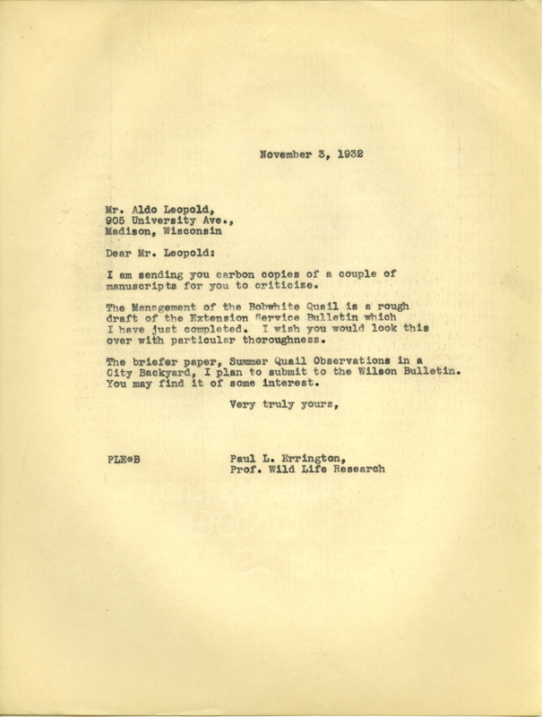 Paul L. Errington letter 2, November 3, 1932