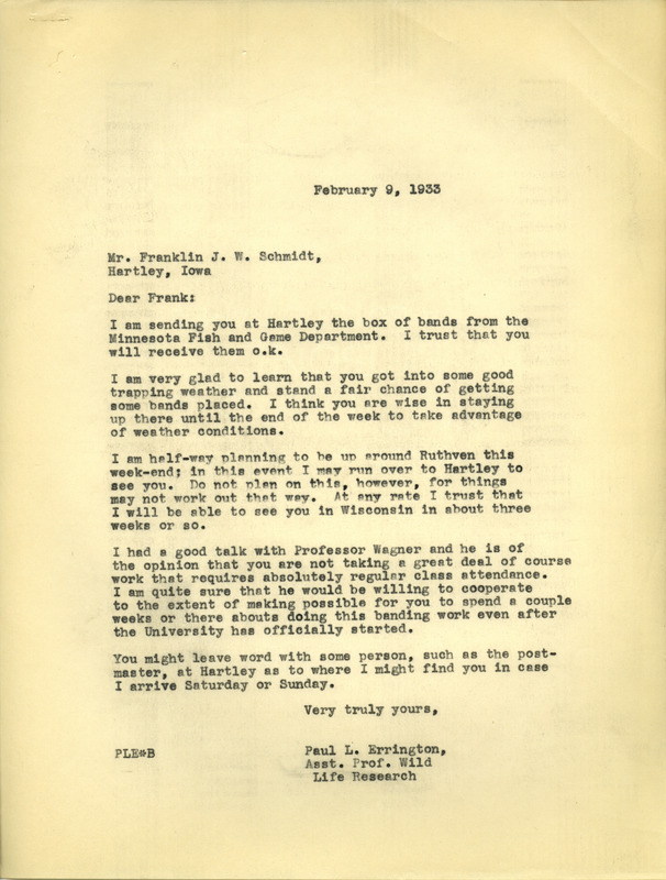 Paul L. Errington letter 1, February 9, 1933