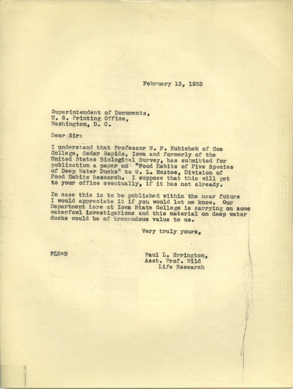 Paul L. Errington letter, February 13, 1933
