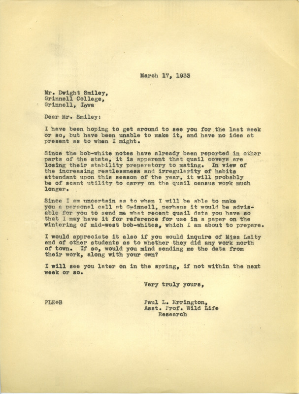 Paul L. Errington letter 1, March 17, 1933