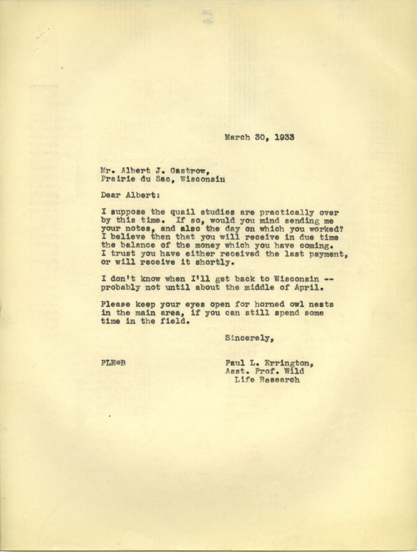 Paul L. Errington letter 2, March 30, 1933