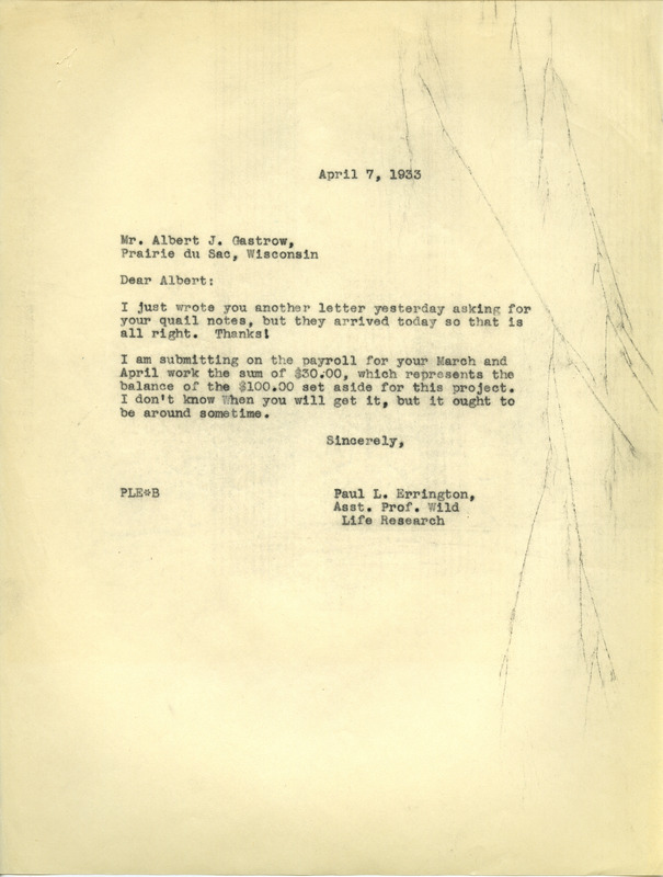 Paul L. Errington letter, April 7, 1933