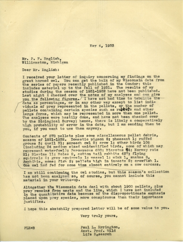 Paul L. Errington letter 2, May 4, 1933