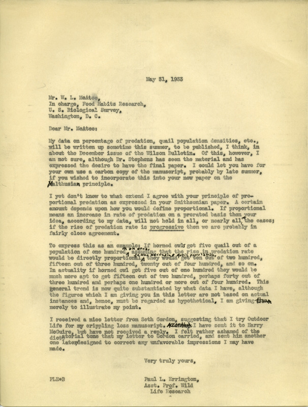 Paul L. Errington letter 1, May 31, 1933