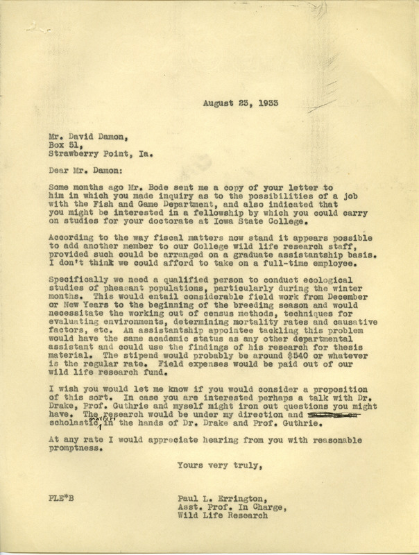 Paul L. Errington letter, August 23, 1933