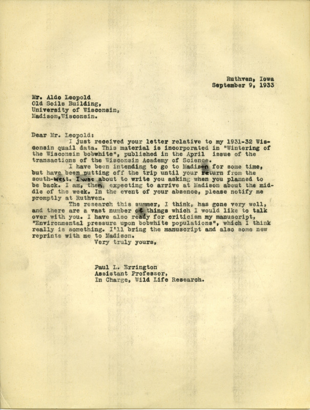 Paul L. Errington letter, September 9, 1933