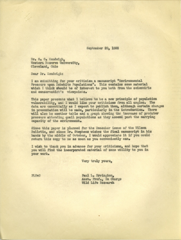 Paul L. Errington letter 1, September 20, 1933