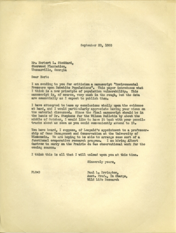 Paul L. Errington letter 2, September 20, 1933