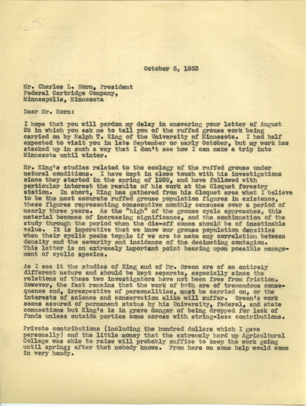 Paul L. Errington letter 1, October 5, 1933