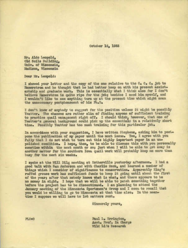 Paul L. Errington letter, October 16, 1933