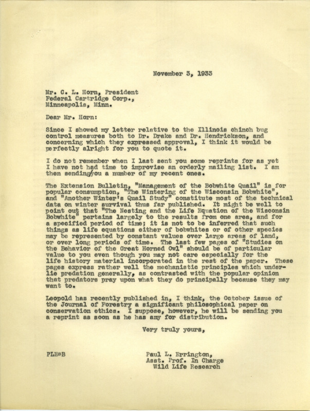 Paul L. Errington letter 1, November 3, 1933