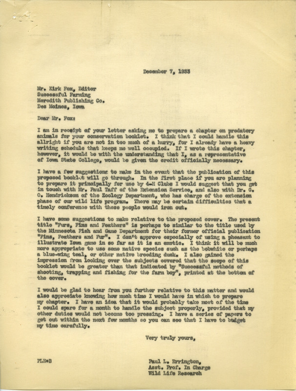 Paul L. Errington letter 1, December 7, 1933