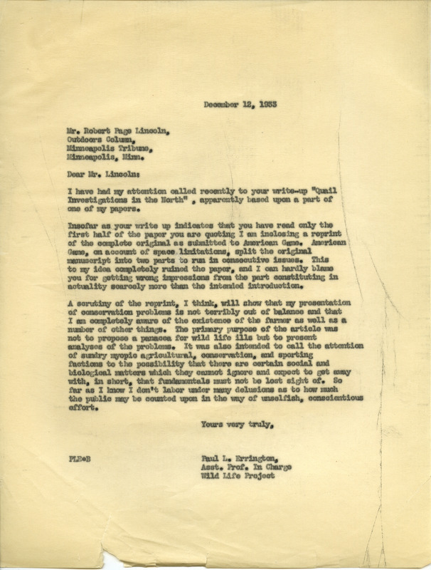 Paul L. Errington letter 1, December 12, 1933