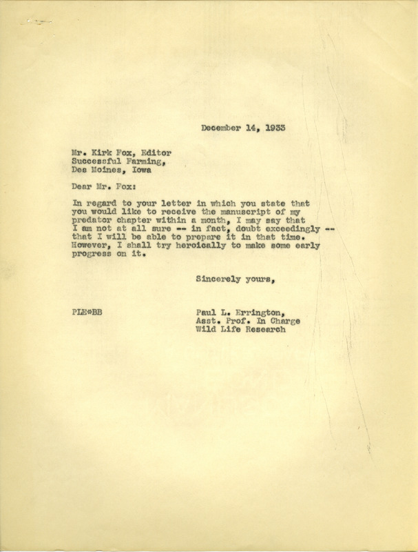 Paul L. Errington letter 1, December 20, 1933