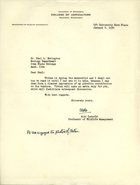Aldo Leopold letter to Paul Errington, January 4, 1930