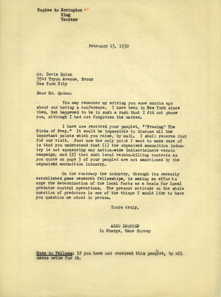 Aldo Leopold letter to Quinn, February 13, 1930