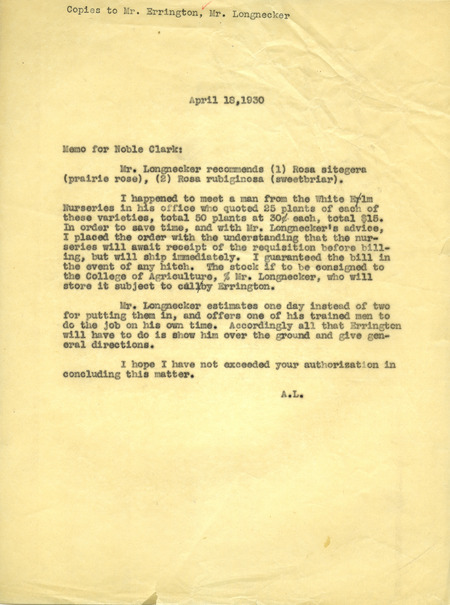 Aldo Leopold letter to Clark, April 18, 1930