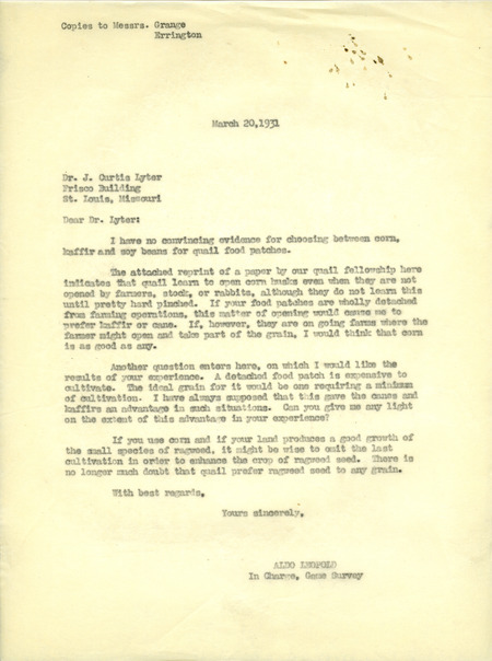 Aldo Leopold letter to Lyter, March 20, 1931