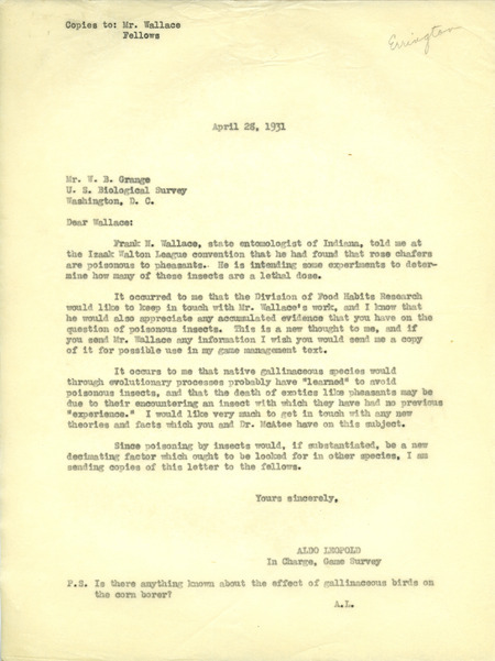 Aldo Leopold letter to Grange, April 28, 1931