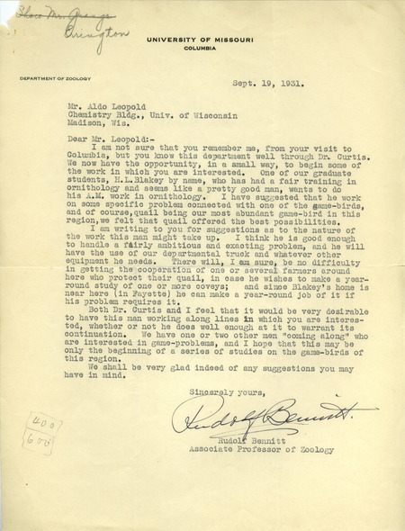 Letter from Bennitt to Aldo Leopold, September 19, 1931
