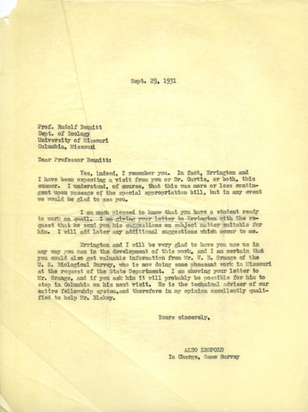 Aldo Leopold letter to Bennitt, September 29, 1931