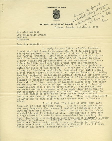 Letter from Anderson to Aldo Leopold, October 5, 1931