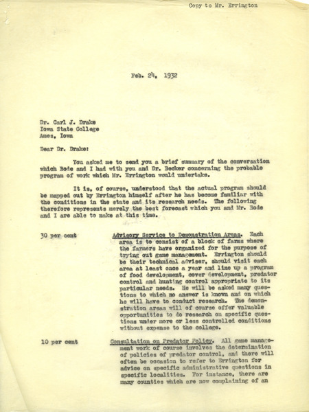 Aldo Leopold letter to Drake, February 24, 1932