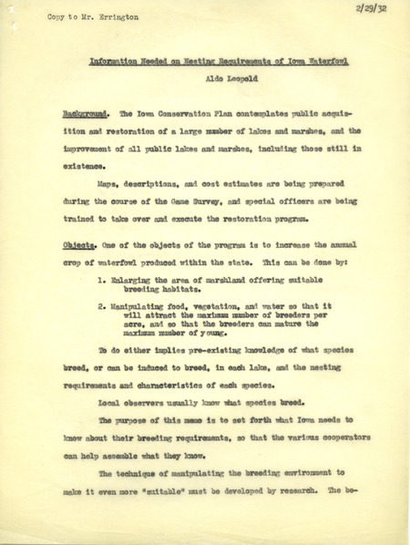 Aldo Leopold letter to Paul Errington, February 29, 1932