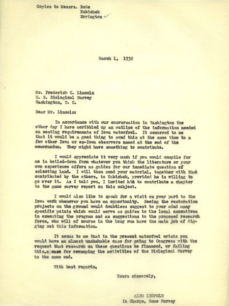 Aldo Leopold letter to Lincoln, March 1, 1932