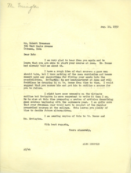 Aldo Leopold letter to Treneman, August 10, 1932