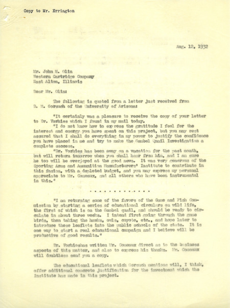 Aldo Leopold letter to Olin, August 12, 1932