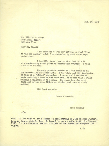 Aldo Leopold letter to Chase, August 16, 1932