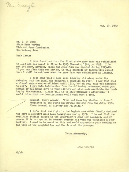 Aldo Leopold letter to Bode, August 19, 1932