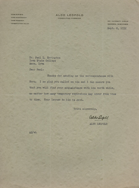 Aldo Leopold letter to Paul Errington, September 8, 1932