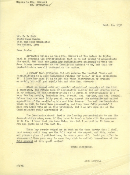 Aldo Leopold letter to Bode, September 16, 1932
