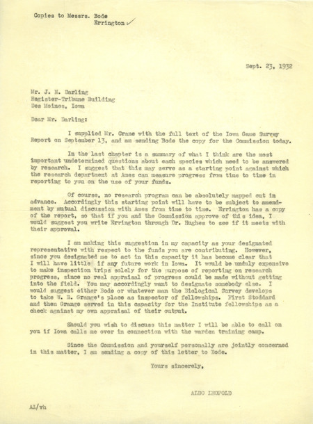 Aldo Leopold letter to Darling, September 23, 1932