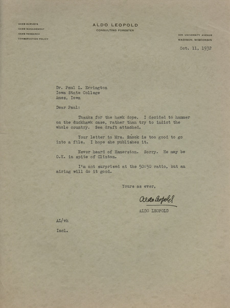 Aldo Leopold letter to Paul Errington, October 11, 1932