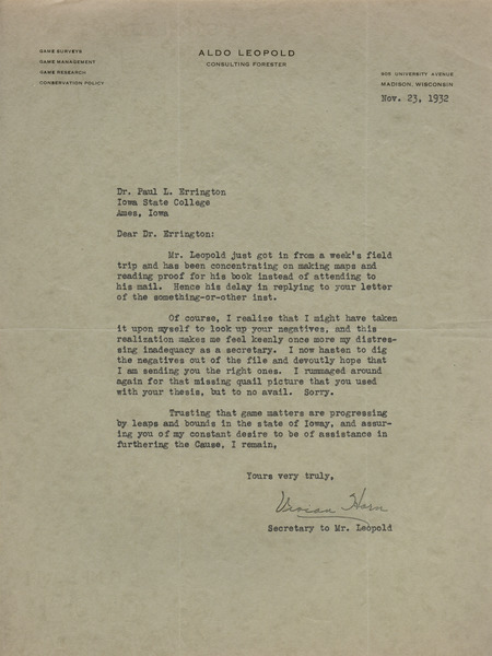 Aldo Leopold letter to Paul Errington, November 23, 1932