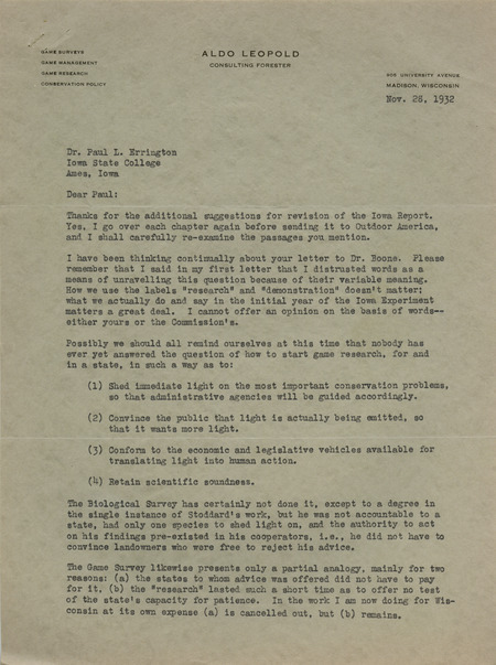 Aldo Leopold letter to Paul Errington, November 28, 1932