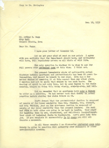Aldo Leopold letter to Rapp, December 16, 1932
