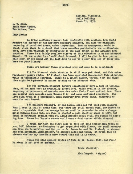Aldo Leopold letter to Bode, March 11, 1933